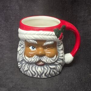 Sleigh Bell Bistro African American Winking Santa Ceramic Mug Hat Coffee Cup